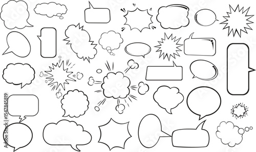 Speech bubble text frame dialog cloud hand drawn set. Blue flat doodle talk speech bubble frame. Hand drawn line chalk frame, think balloon, children doodle text cloud icon. Vector illustration.