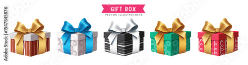 This clipart features five stylishly wrapped gift boxes with shiny ribbons and festive patterns. Ideal for use in invitations, posters, greeting cards, and seasonal décor themes.
