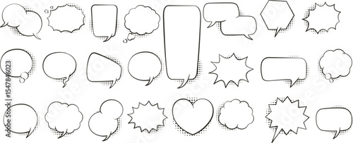 Speech bubble text frame dialog cloud hand drawn set. Blue flat doodle talk speech bubble frame. Hand drawn line chalk frame, think balloon, children doodle text cloud icon. Vector illustration.