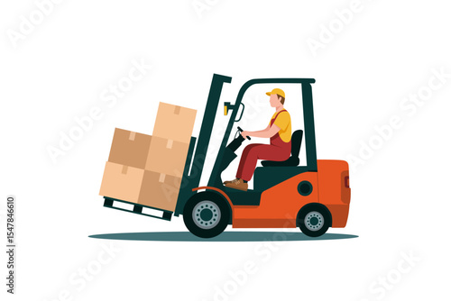 Person operating forklift is moving stacked cardboard boxes, showcasing efficient warehouse logistics. forklift is orange, and operator is wearing yellow cap and red overalls