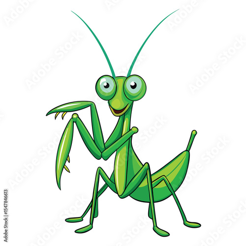 A friendly smiling green praying mantis insect cartoon vector illustration isolated on white