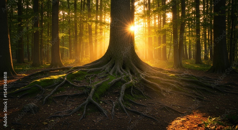 Obraz premium Golden sunlight through forest trees roots