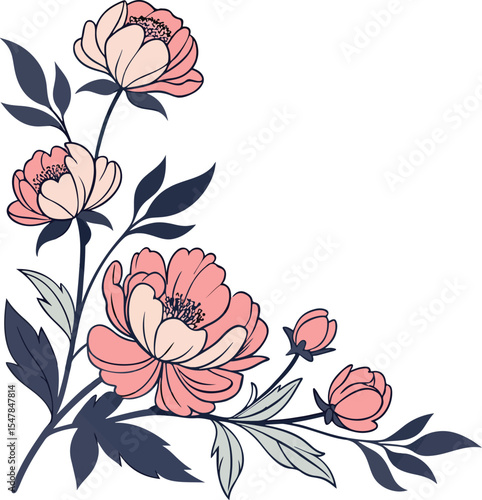 Floral corner in L shape made of peonies and green leafy stems arranged naturally in soft colors, great for wedding invitations, garden-themed prints, or romance cards