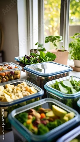 Variety of meal prep food containers filled with fresh ingredients for healthy lunches, with natural light near a window