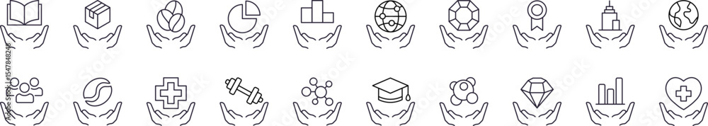 Obraz premium Collection of Charity and Gift Related Line Icons. Education, Healthcare, Stone Outline Signs for Graphic and Web Design, Apps, Adverts, Various Cards