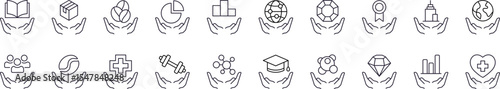 Collection of Charity and Gift Related Line Icons. Education, Healthcare, Stone Outline Signs for Graphic and Web Design, Apps, Adverts, Various Cards