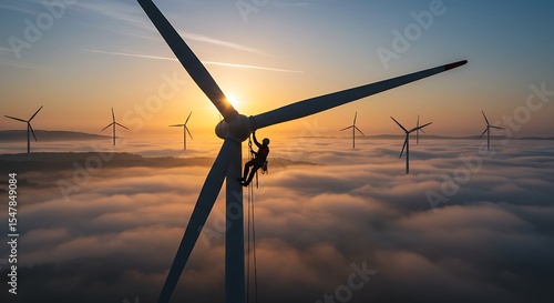 In the ethereal glow of dawn, a technician scales a towering wind turbine amidst a field of similar structures shrouded in fog, showcasing the challenging yet vital work in sustainable power generatio
