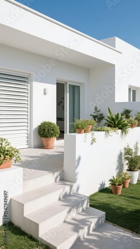 Modern White House Exterior with Potted Plants and Stairs