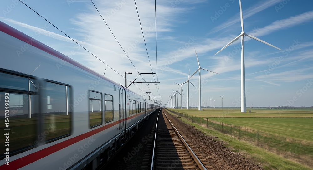 Naklejka premium The blurred motion of the ICE train against the static, majestic wind turbines creates a vivid contrast, highlighting the innovation in both transportation and renewable energy that defines a greener 