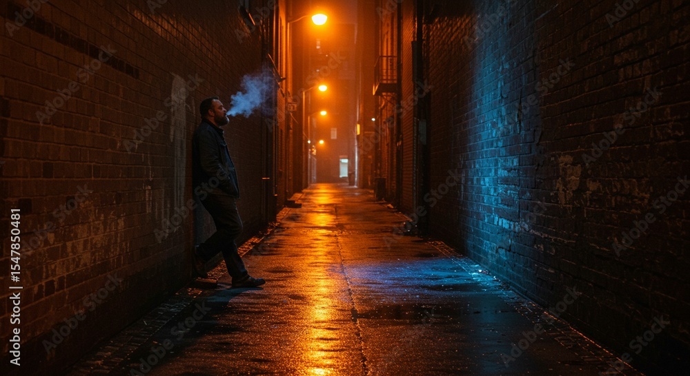Person smoking in a night alleyway Person smoking in a night alleyway