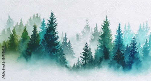 Watercolor Painting of a Misty Forest with Green and Blue Trees