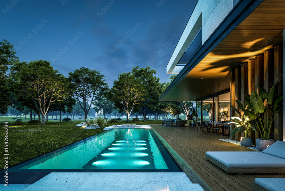 Fototapeta premium 3d rendering of two-story house with parking and pool for sale or rent with concrete facade and beautiful landscaping. Clear summer night with many stars on the sky