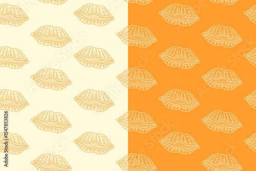 Ravioli pasta line art seamless pattern on yellow white background. Italian ravioli pasta engraving doodle pattern background. Ravioli wallpaper. Food, restaurant, foodstuff. Vector illustration