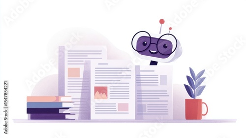 a friendly, intelligent AI bot with glasses efficiently reviews and organizes documents
