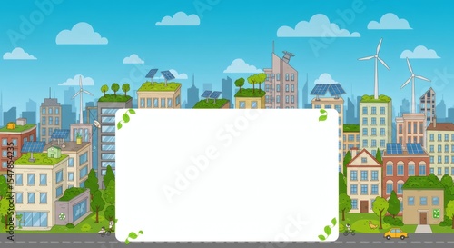 Eco-Friendly Cityscape with Blank Space: An eye-level vector view of a modern eco-friendly cityscape with verdant rooftops, solar panels, wind turbines.