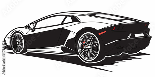 Stylized Black and White Illustration of a Modern Supercar Rear View Featuring Sleek Lines Detailed Wheels and a Dynamic Shadow on a White Background Vector