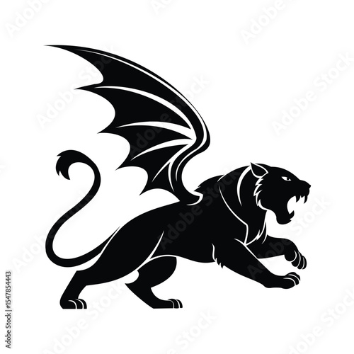 Striking black silhouette of a mythical manticore, a creature with the body of a lion, bat-like wings, and a fierce, roaring expression. Ideal for fantasy, heraldry, and mythological themes.

