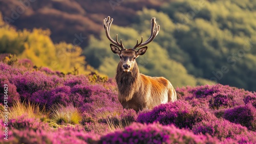 A large stag with impressive antlers gracefully poses amidst colorful heather flowers at sunset.