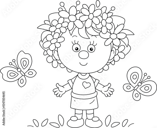 Happy little girl with a flower wreath on her head and funny butterflies fluttering around, black and white outline vector cartoon illustration for a coloring book