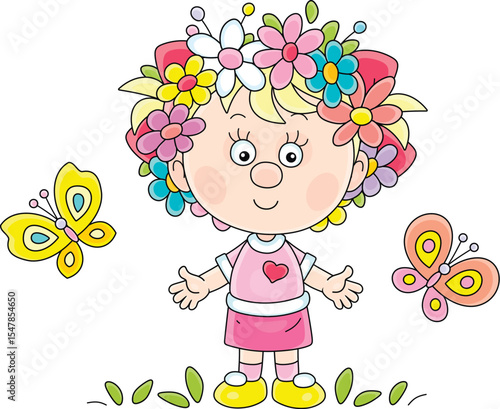 Happy little girl with a flower wreath on her head and funny butterflies fluttering around, vector cartoon illustration on a white background