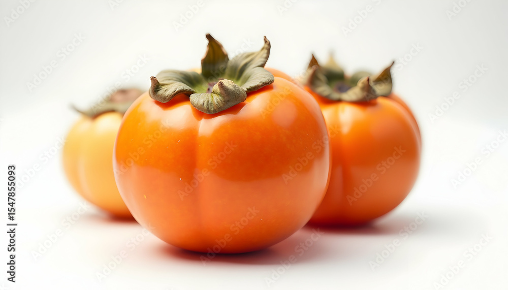 Three Persimmon Fruits on White Background - Still Life Food Photography Three Persimmon Fruits on White Background - Still Life Food Photography