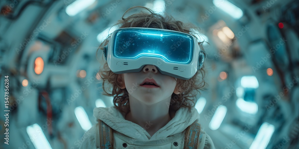 Young child filled with awe wears a glowing blue VR headset in a sleek, high-tech spaceship corridor illuminated by dynamic cyan lighting. Young child filled with awe wears a glowing blue VR headset in a sleek, high-tech spaceship corridor illuminated by dynamic cyan lighting.