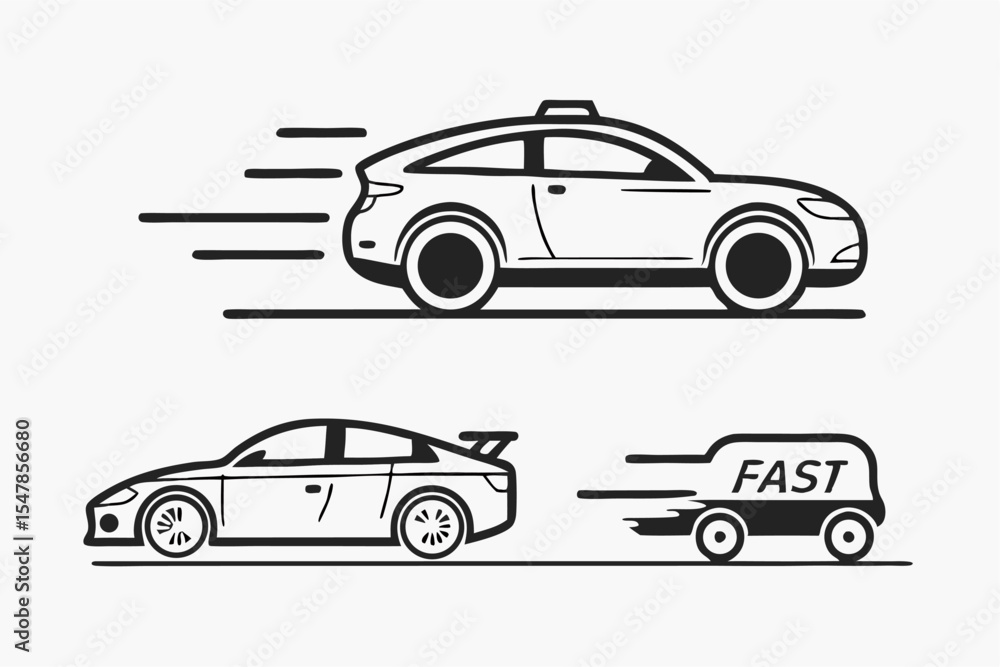Obraz premium Fast Delivery Service Icons: Cars and Van, Speed Illustration