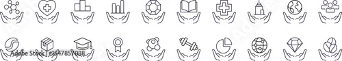Pack of Charity and Gift Related Line Icons. Education, Healthcare, Stone Outline Signs for Graphic and Web Design, Apps, Adverts, Various Cards