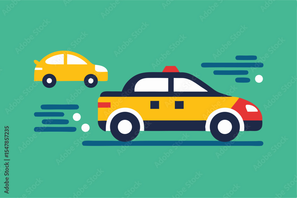 Fototapeta premium Yellow Taxi Cab Driving Fast, Car Following, City Transportation Illustration