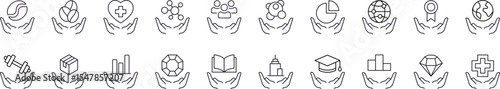 Charity and Gift Line Icon Set. Education, Healthcare, Stone Outline Signs for Graphic and Web Design, Apps, Adverts, Various Cards