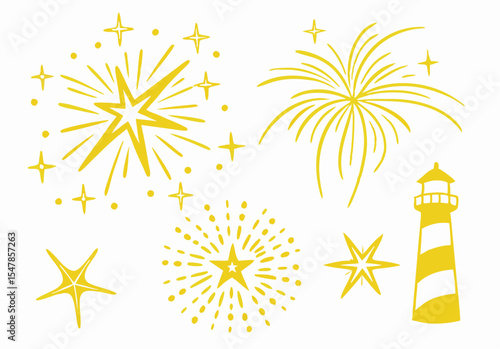 Gold Fireworks & Lighthouse Clipart: Festive Summer Design Elements