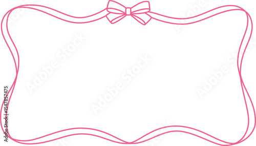 Pink tape frame with bow, coquette wavy ribbon horizontal border for invitation, romantic events vintage vector design