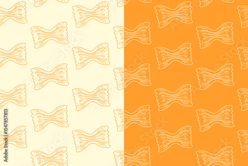 Farfalle pasta line art seamless pattern on yellow white background. Italian farfalle pasta engraving doodle pattern background. Farfalle wallpaper. Food, restaurant, foodstuff. Vector illustration