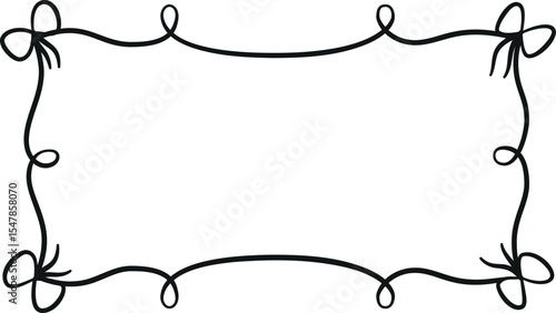 Black vintage line frame with bows, horizontal wavy ribbon border, coquette style greeting card invitation vector design