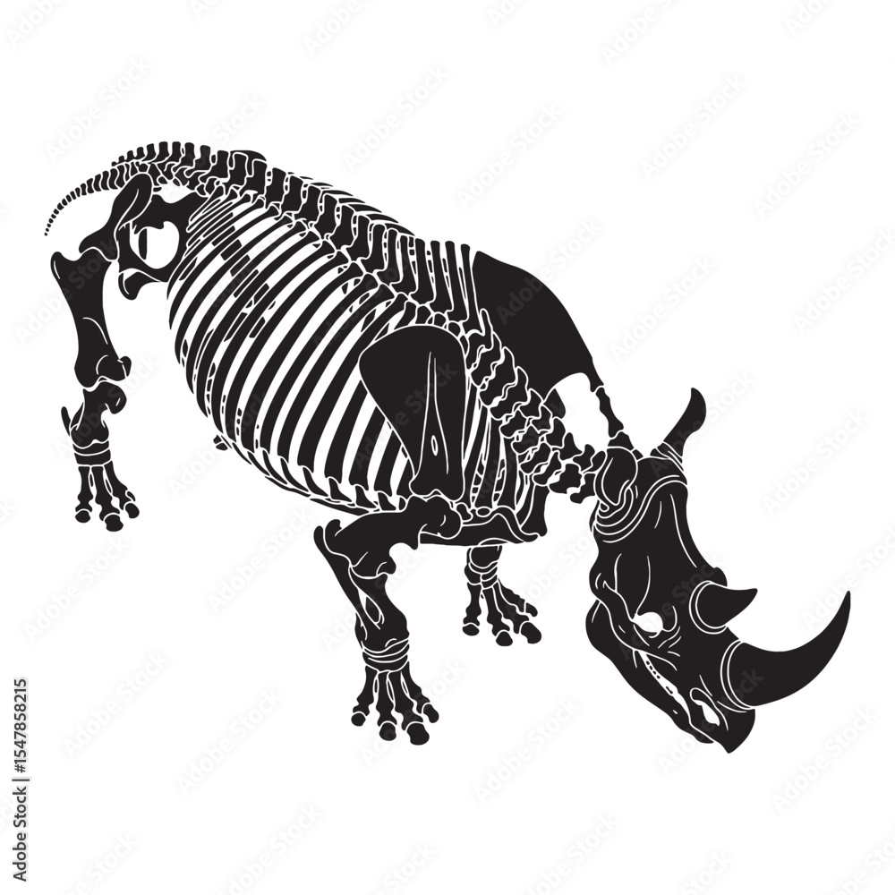 Fototapeta premium Fossilized grace and mass – Rhinoceros skeleton silhouette with expressive Rhinoceros skeleton vector – Rhinoceros skeleton illustration