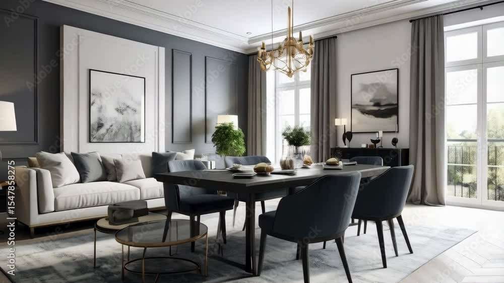 Elegant dining room interior featuring modern furniture, sophisticated design, and luxurious decorative elements in a serene setting Elegant dining room interior featuring modern furniture, sophisticated design, and luxurious decorative elements in a serene setting