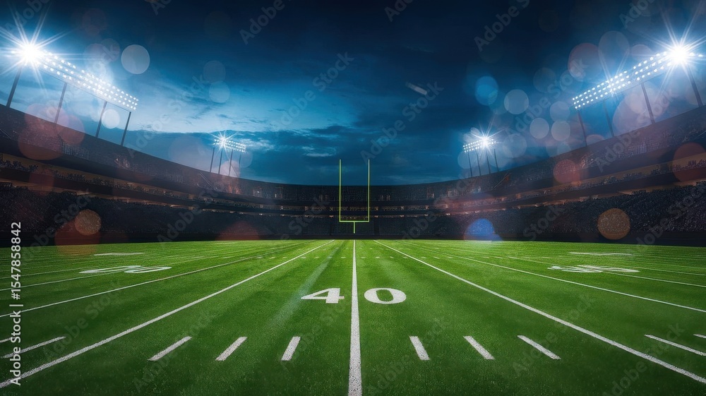 Empty american football stadium under bright stadium lights at nighttime Empty american football stadium under bright stadium lights at nighttime