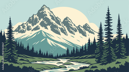 Majestic Mountain Landscape: River, Trees, Snow Peaks