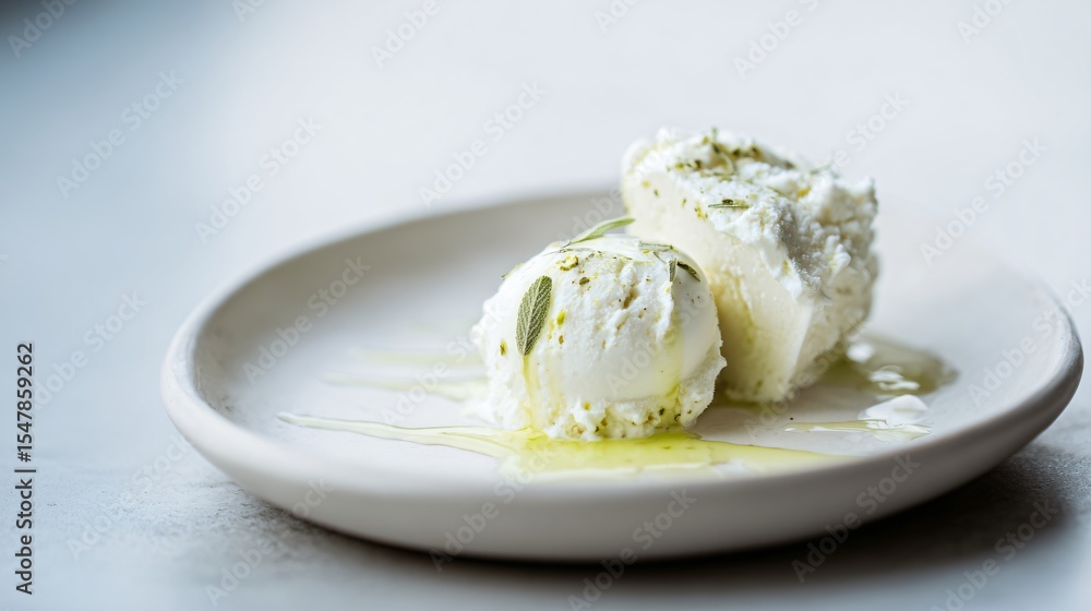 Minimalist ivory plate with sage drizzle ice cream, soft light and calm composition Minimalist ivory plate with sage drizzle ice cream, soft light and calm composition