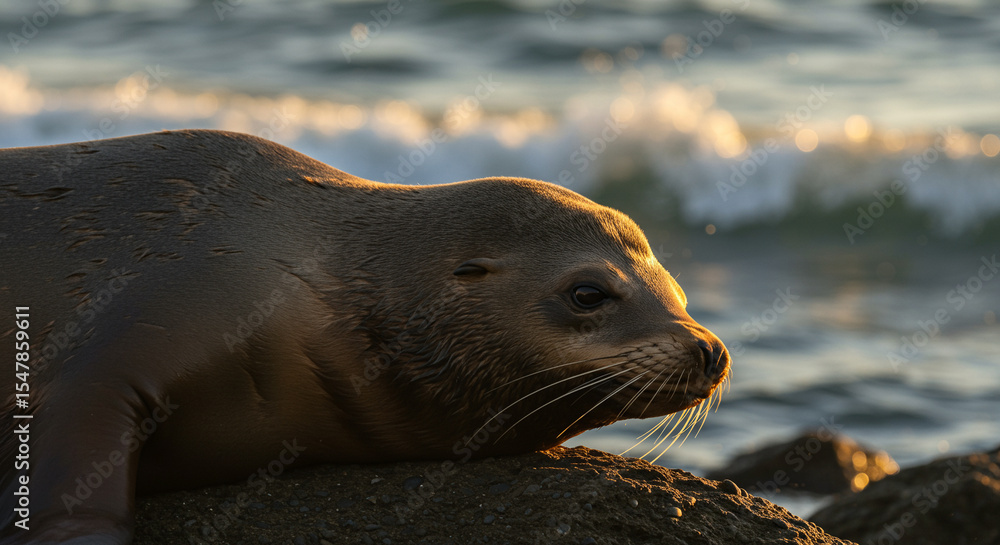 Naklejka premium Sea lion resting on rocky shore at sunset. A sea lion lounges on a sunlit rock with gentle ocean waves in the background during golden hour.