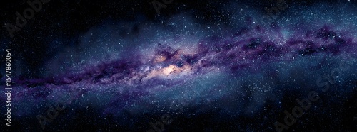 8k Panorama blue and purple milky way galaxy with a black background. banner