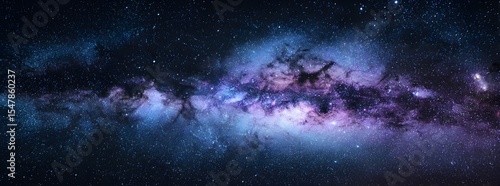 8k Panorama blue and purple milky way galaxy with a black background. banner