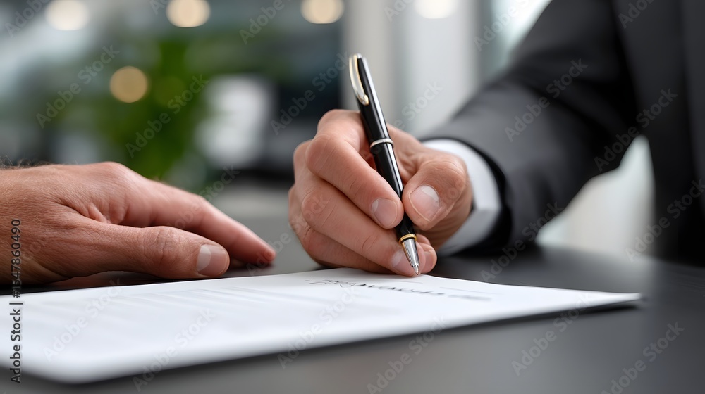Business partners signing a contract in a modern office space Business partners signing a contract in a modern office space