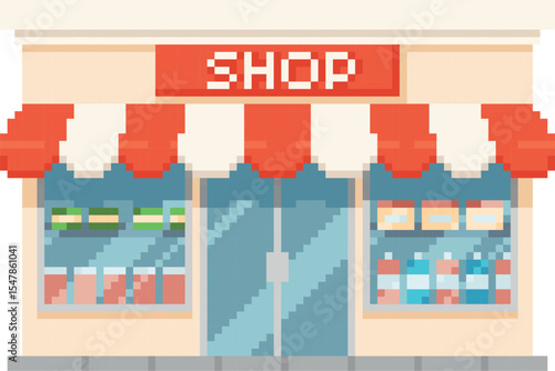 Shop building pixel art, cartoon pixelated house construction with red striped canopy and signboard, 8 bit video games