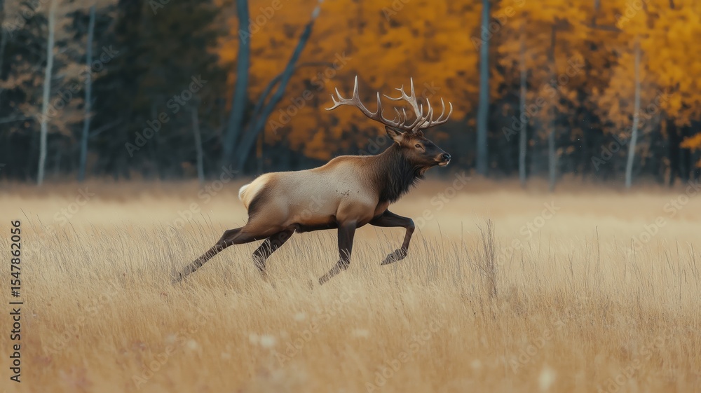 Fototapeta premium Elk gallops gracefully across a golden meadow surrounded by vibrant autumn trees.
