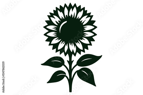 Dark green sunflower silhouette isolated on white background