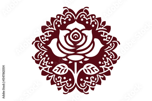 Ornate rose design element isolated on white background