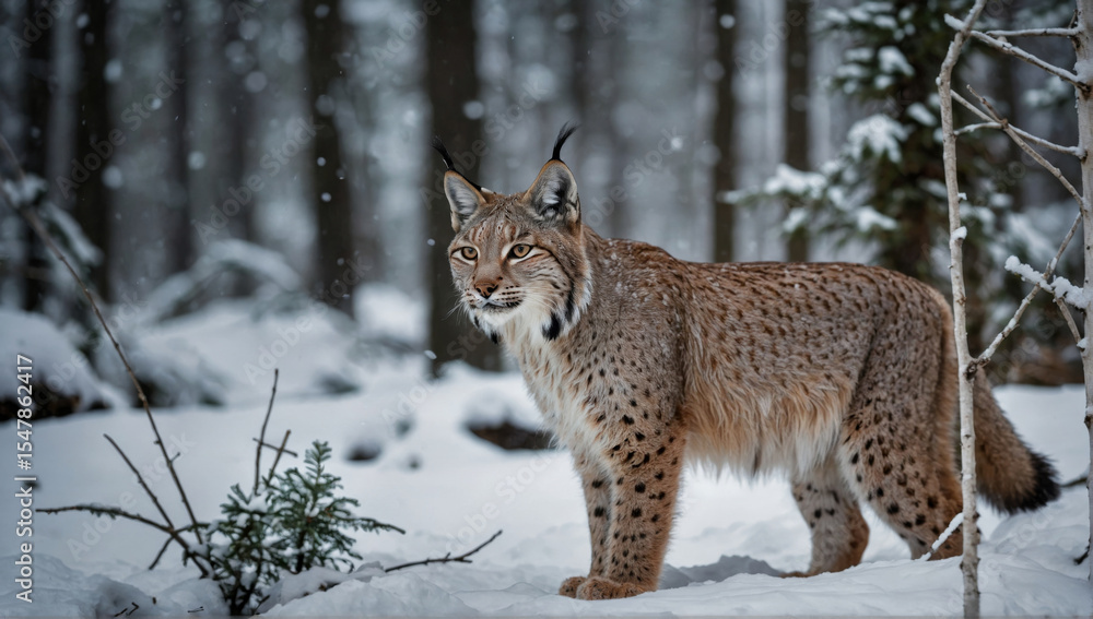 Obraz premium A magnificent lynx surveys its snowy winter woodland environment.
