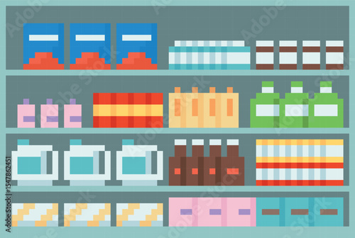 Shop market shelves with products in colorful boxes and bottles packages pixel art vector icon, food storage assortment