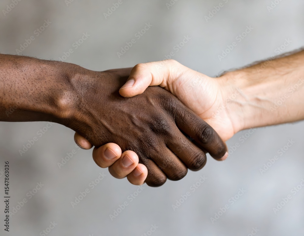 Fototapeta premium Close-up of two diverse hands shaking, representing unity, partnership, and cooperation against a neutral backdrop.